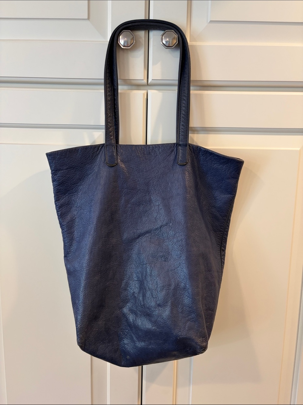 BAGGU Navy Leather Tote Bag